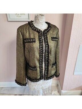 NWT Boston Proper Gold Metallic Foil Parisian Fringe Blazer Jacket Size 16